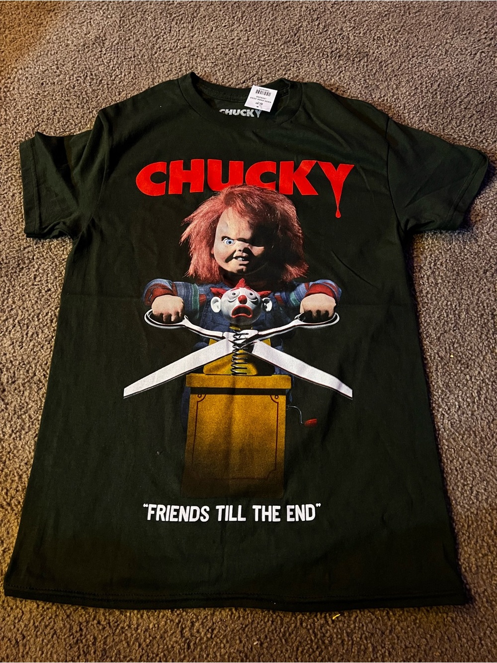 Mens Black Graphic Tee - "Friends Till The End" Chucky size S